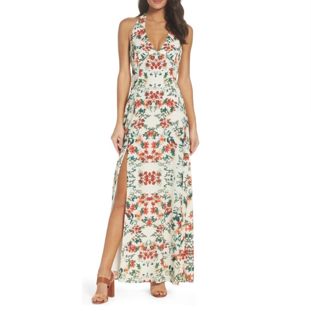 NWT BB Dakota RSVP Hana Floral Halter Plunge Neck Maxi Dress Cream Red Green 10